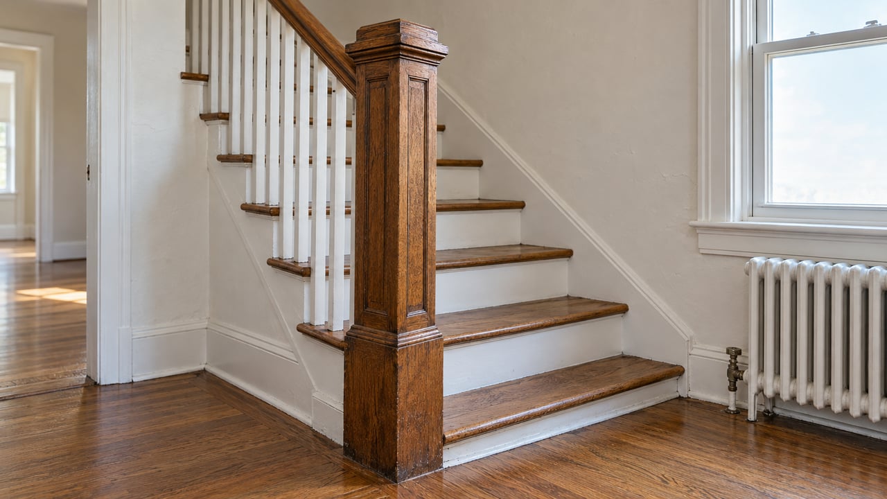Oak stair newel and first steps beside a closed double-hung window above a cast-iron radiator.