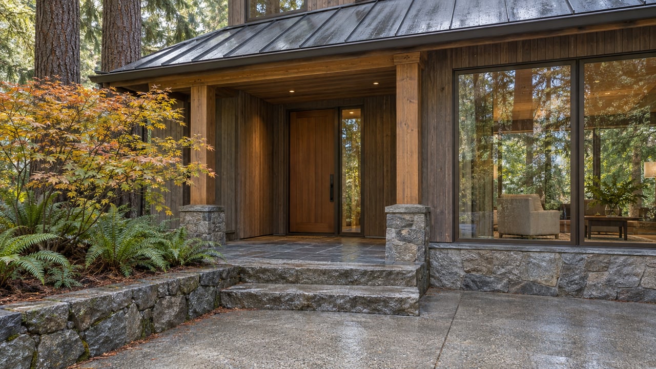 Cedar-clad home with a covered timber entry, stone steps, and copper-colored vine maple beside a damp approach.