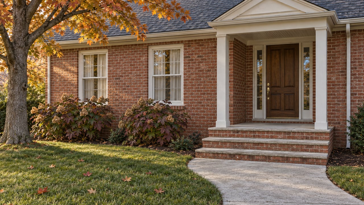 Red brick home with a covered timber-post entry, limestone steps, and an ochre-leaved maple beside the lawn.