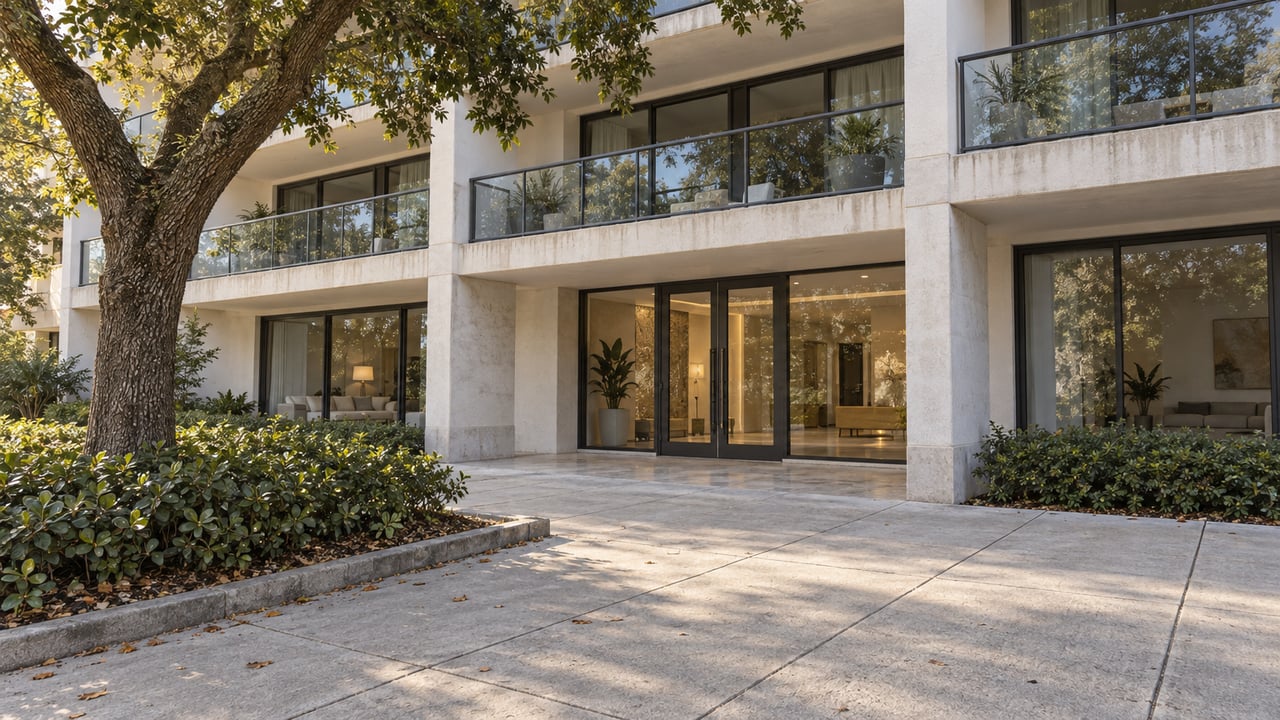 Four-story residential building with broad glass balconies, a recessed lobby, and an oak shading the sidewalk.