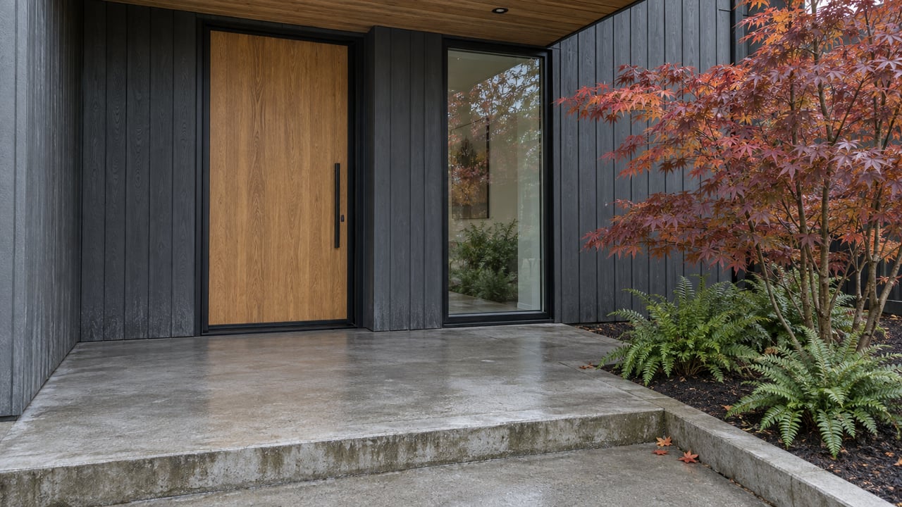 Contemporary home entrance with a closed oak door, charcoal siding, damp concrete steps and an autumn vine maple beside sword ferns.