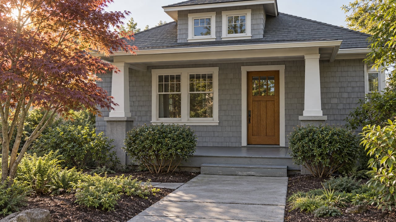 Gray-shingled bungalow with a covered porch, oak entry door, concrete path, and Japanese maple.