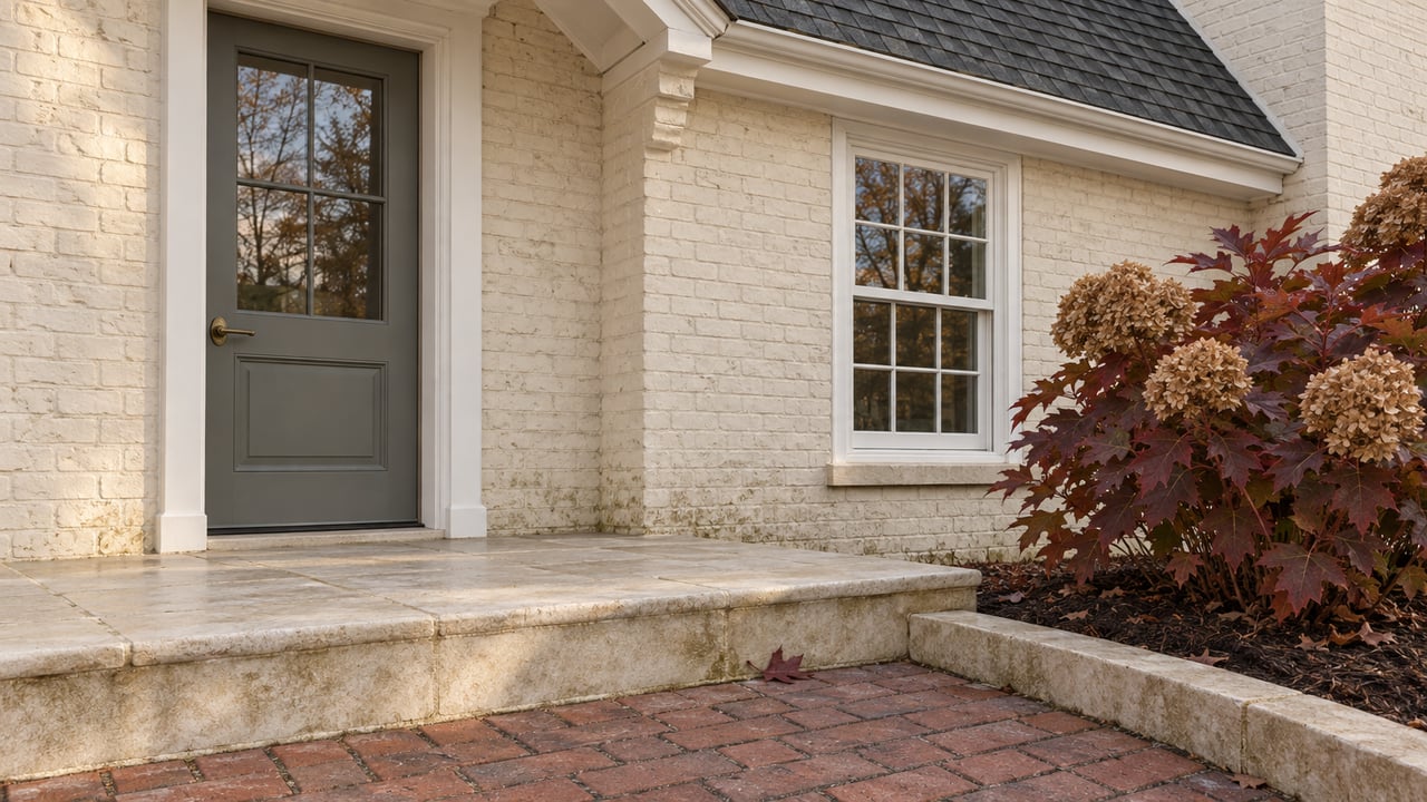 Close view of a cream brick home's gray entry door and white-trimmed window above limestone steps and a brick approach, beside autumn oakleaf hydrangea.