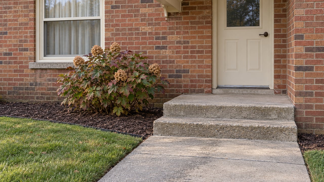 Brick home entrance with cream door, weathered concrete steps, an oakleaf hydrangea and a small section of lawn.