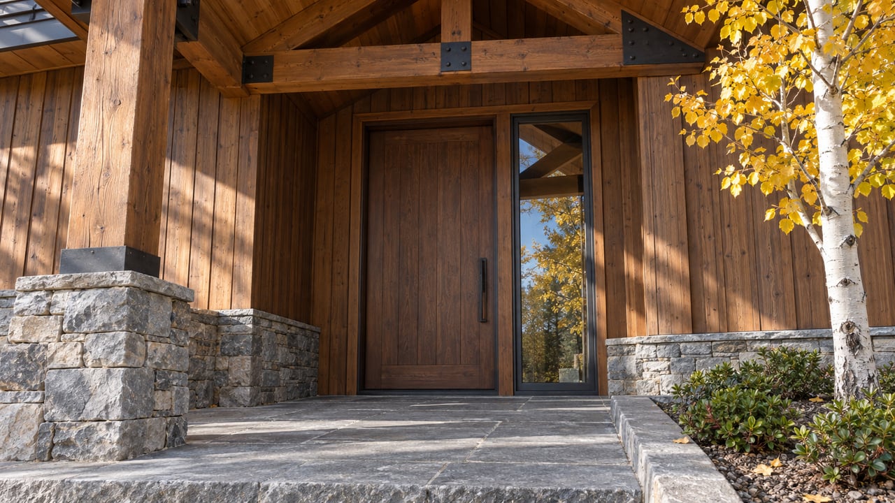 Autumn sunlight on a timber-clad home entry, gray limestone landing, and a golden-leaved aspen beside the door.