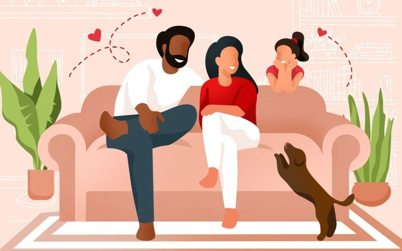 Illustration of a family relaxing on a sofa as their dog jumps up to greet them.
