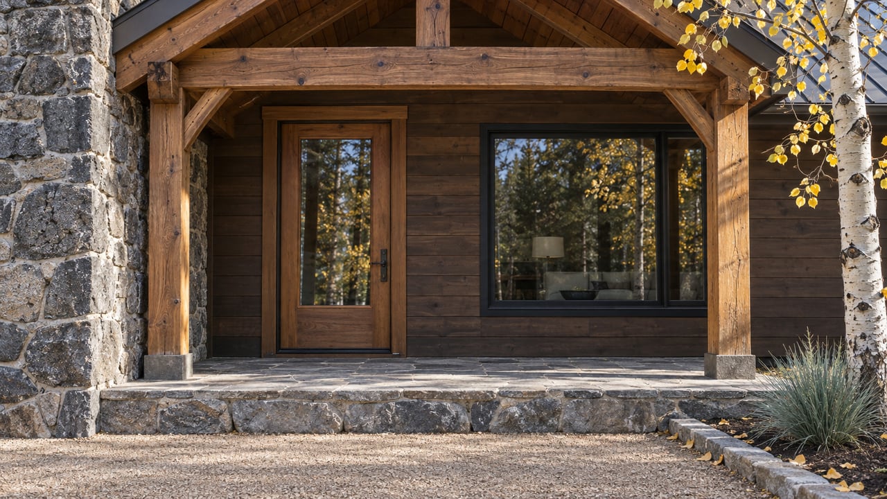 Timber cabin entry with a closed glass door, dark-framed window, volcanic-stone chimney and low flagstone porch beside sparse yellow aspen leaves.