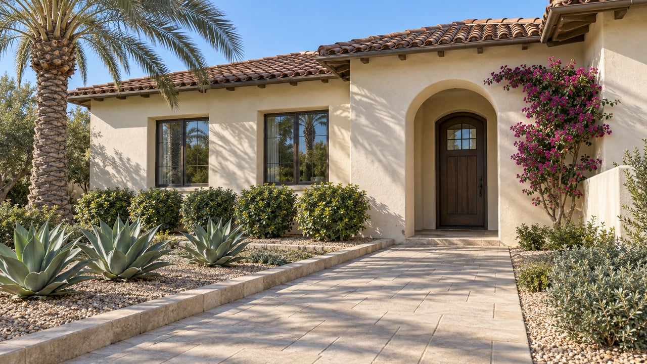 Morning sunlight on a cream stucco home with a clay tile roof, recessed arched entry, date palm and spacious paved garden approach.