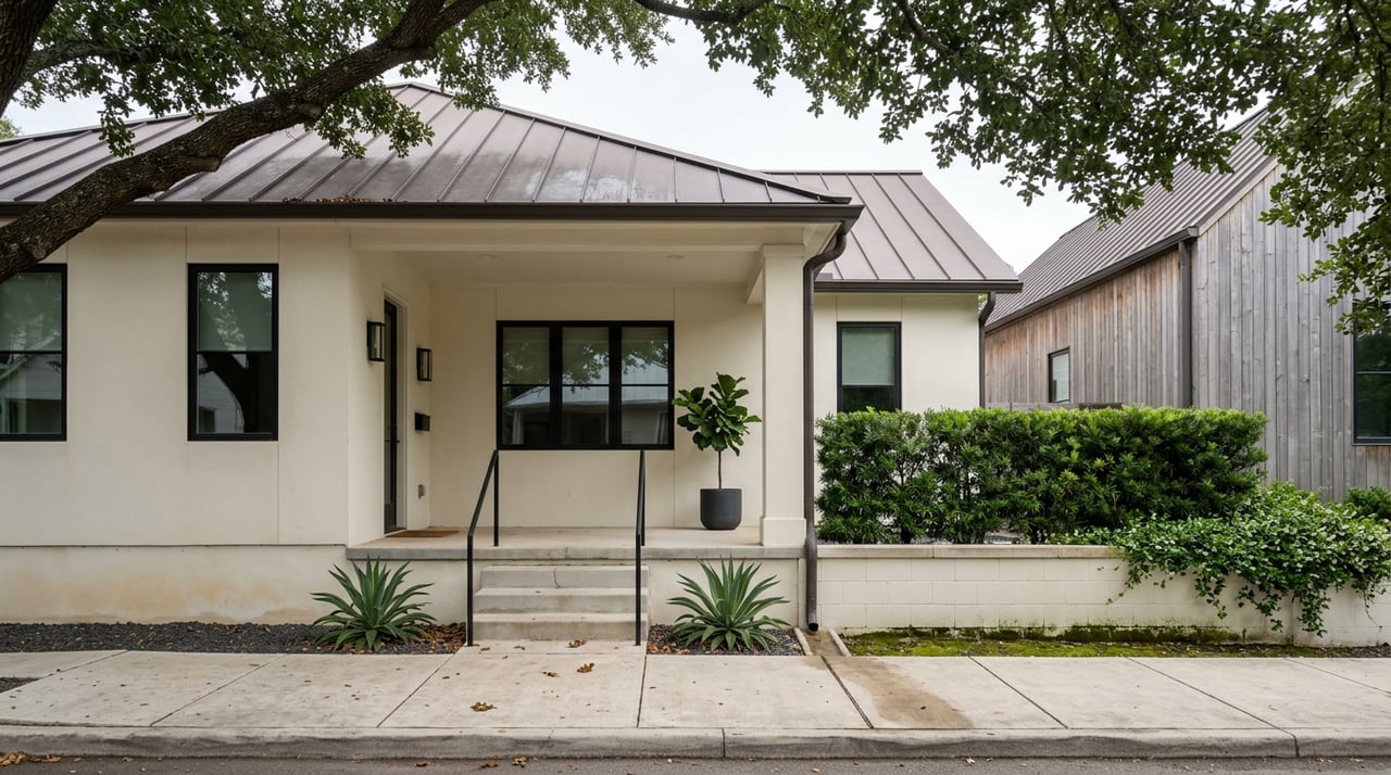 Warm-white stucco home with a raised porch, agaves, and oak canopy beside a weathered cedar facade.