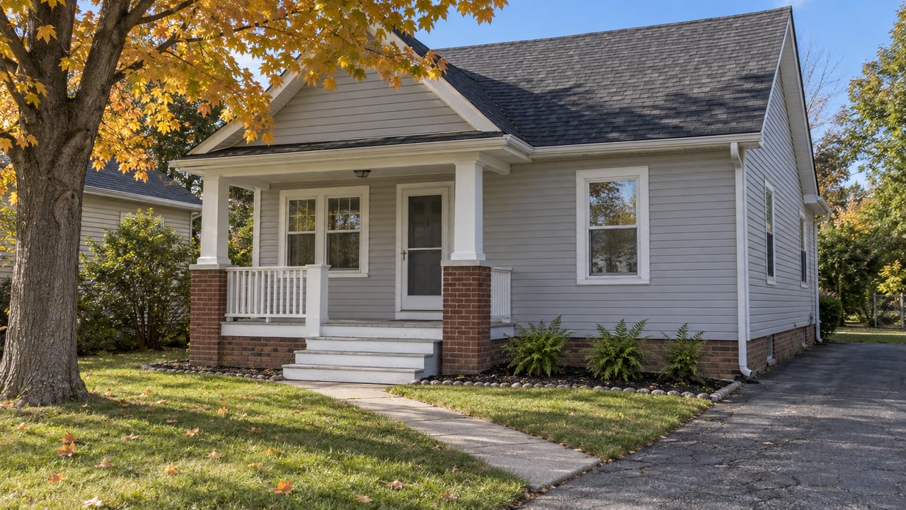 Light-gray cottage with a deep front porch, worn timber steps, autumn maple leaves, and a concrete front walk.
