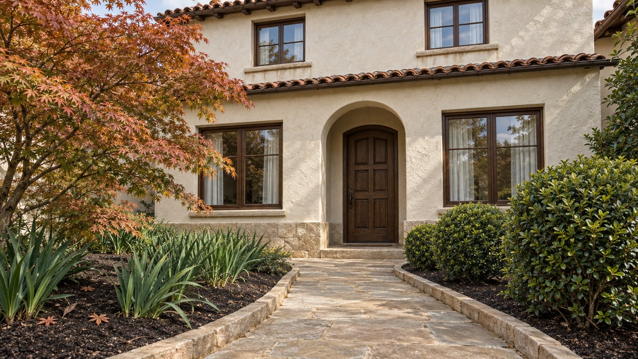 A cream stucco home with a clay tile roof, arched oak entrance and stone garden path beside a copper-leaved Japanese maple.