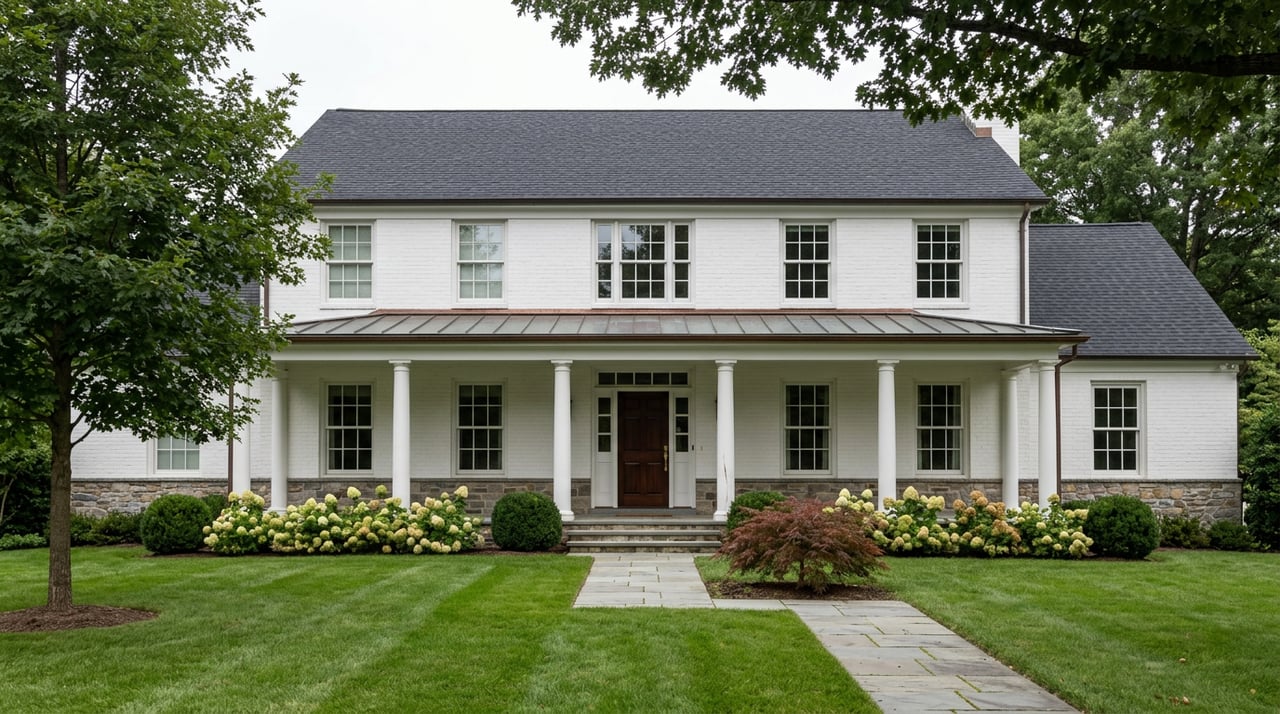 Two-story brick colonial home with white columns, a bluestone walk, and clipped shrubs across a broad lawn.