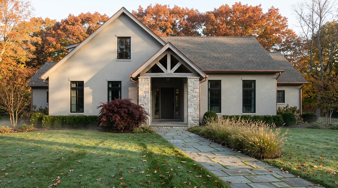 Home with stone entry piers and timber trusses, framed by fall foliage and leaf-strewn lawn.