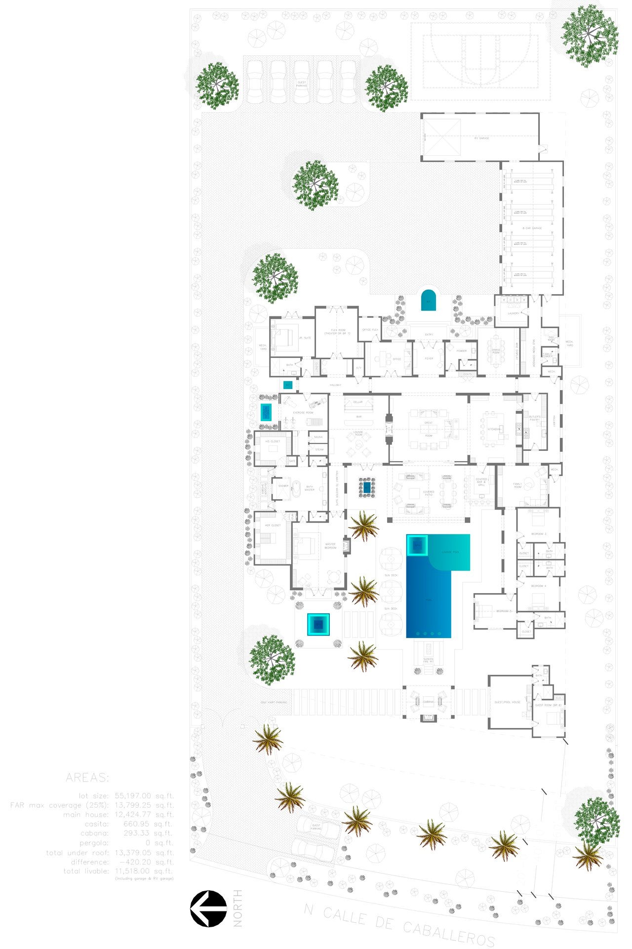 Site plan for 7737 N Calle Caballeros with the house layout, landscaped grounds, and swimming pool.