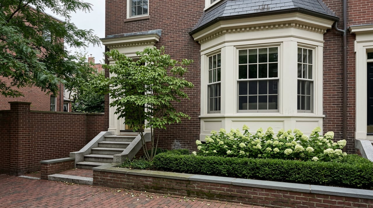 Brick townhouse with a multi-pane bay window, granite steps, and hydrangeas behind a low masonry wall.