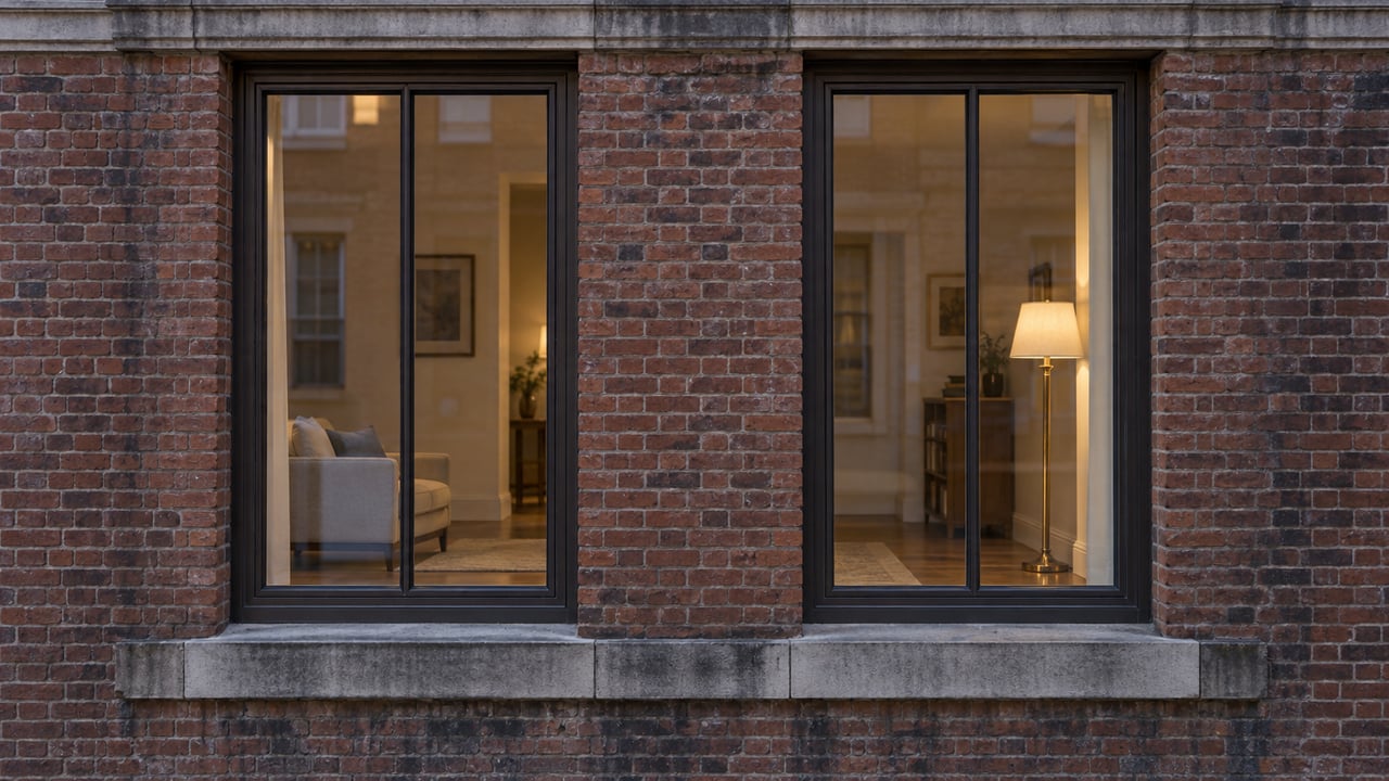 Two tall windows in a weathered red-brown brick facade reveal warm interiors with a chair and brass floor lamp.