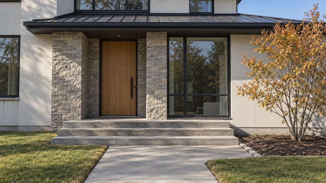 Autumn sunlight on a stone entry, oak front door and tall black-framed glazing, with a concrete approach and golden-leaved serviceberry.