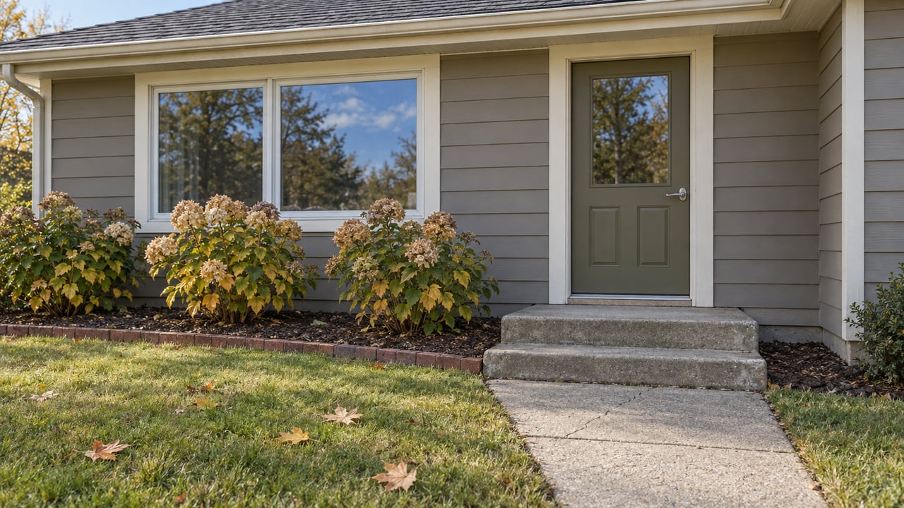 Sunlit single-story home entrance with gray siding, an olive door, concrete steps and autumn hydrangeas beside the front walk.