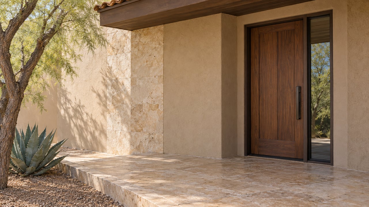 Recessed walnut entry door beside a limestone wall, under a clay-tile roof overhang with desert plants.