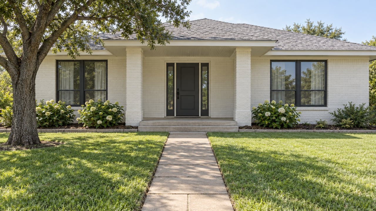 A light-painted single-story home with a recessed porch, paver walk, deep lawn, and spreading live oak in soft morning sunshine.