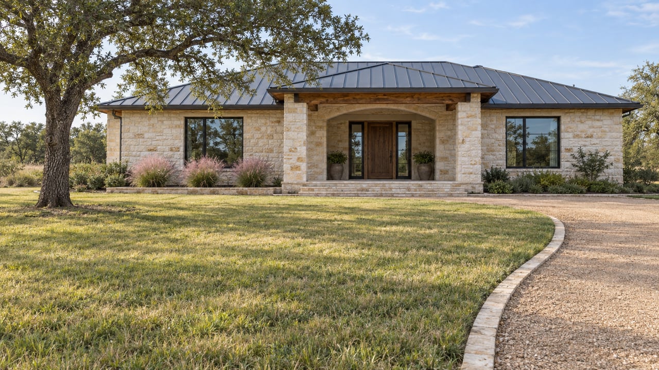 Cream limestone acreage home beyond a broad lawn, with a mature oak, covered entry and curved stone-edged approach.