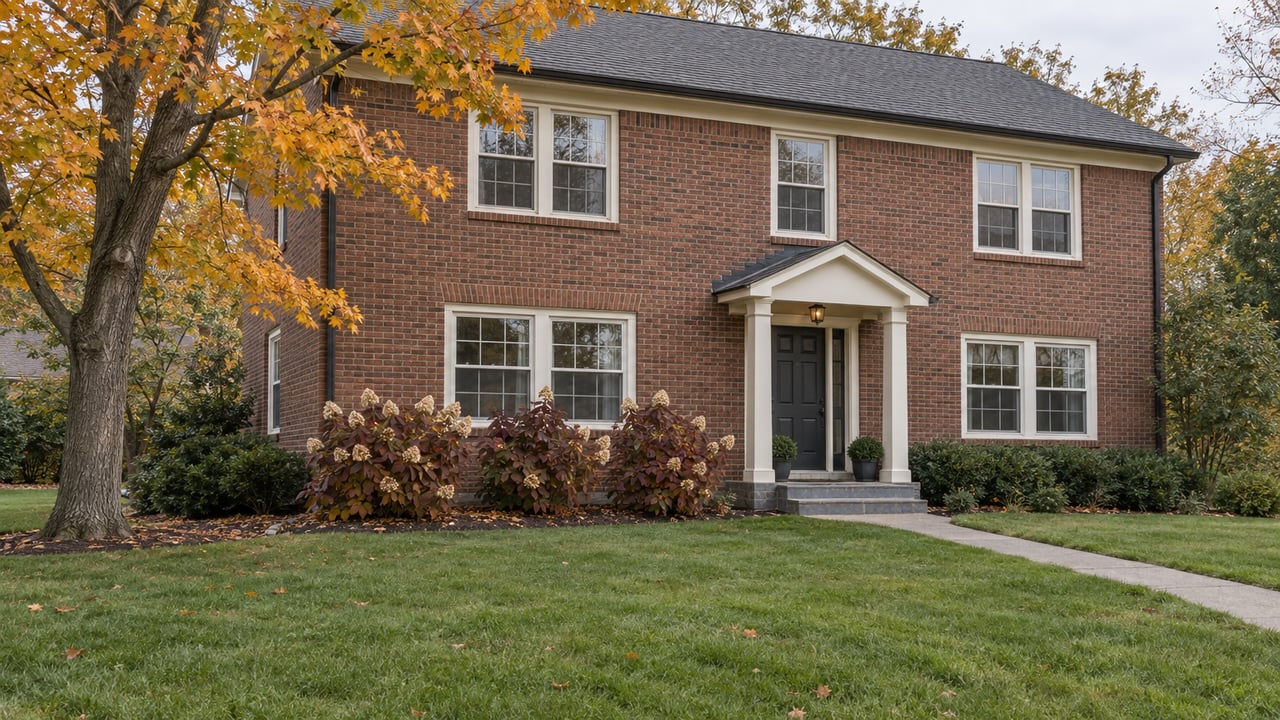 Established two-story brick home with cream window trim, a covered entrance, and a deep lawn beneath an autumn sugar maple.
