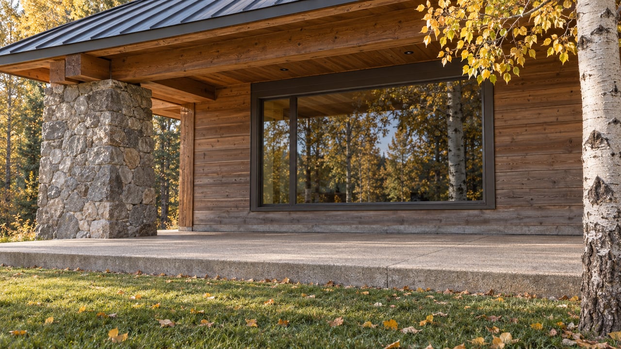Timber-and-stone home with bronze-framed glazing, a concrete terrace, and a golden-leaved aspen beside a clipped lawn.