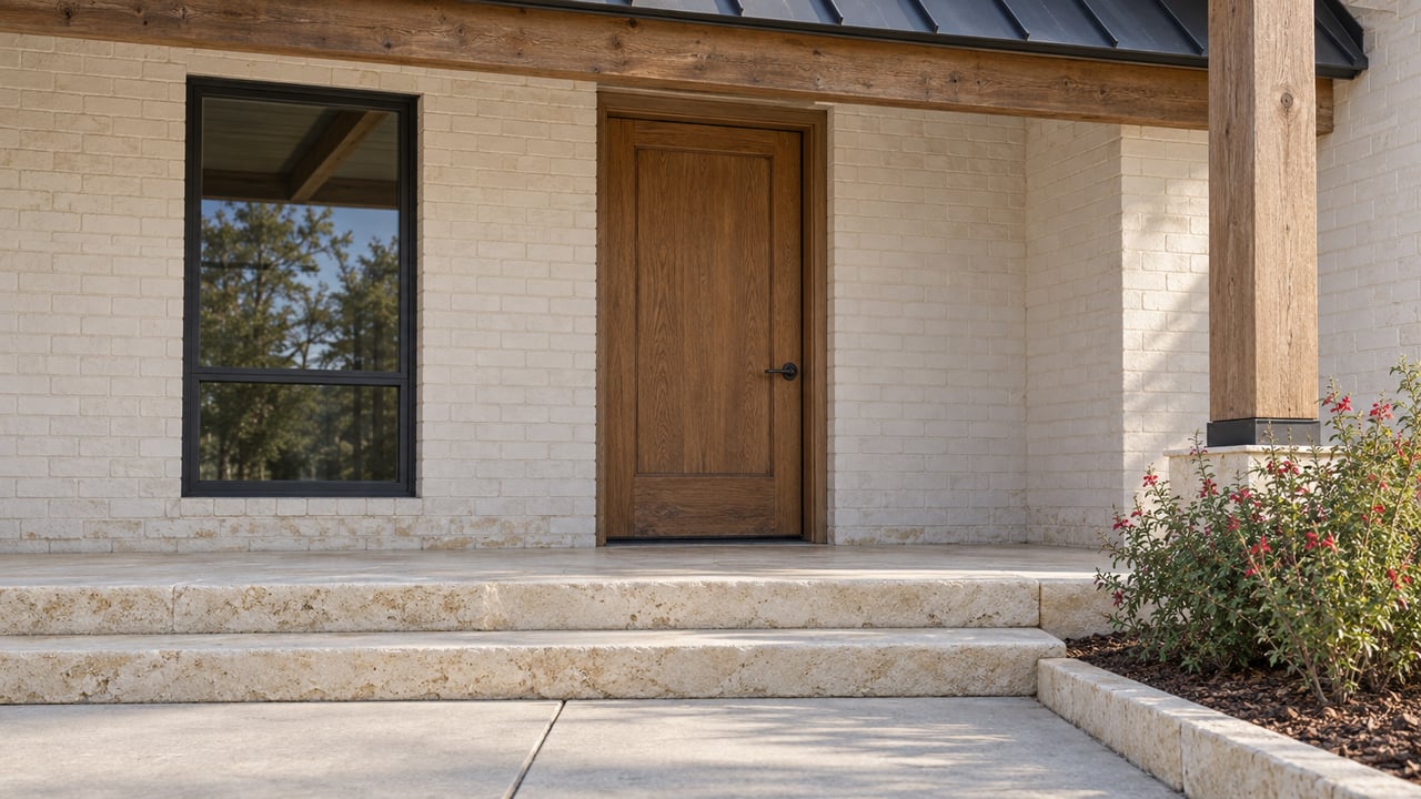 Oak front door beneath a timber porch, with white painted brick, limestone steps and a flowering sage planting pocket.