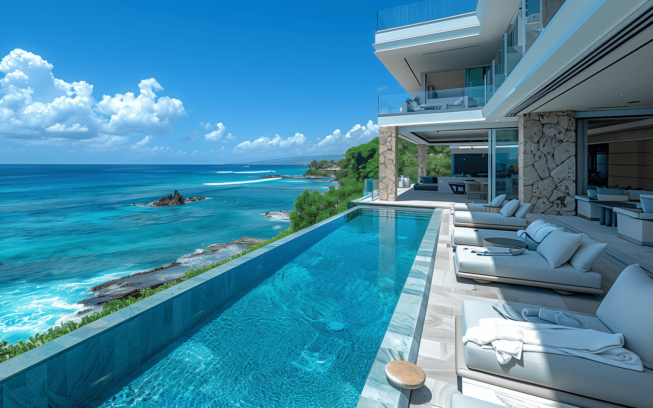 Modern beachfront home with an infinity pool and furnished terrace overlooking turquoise ocean water.