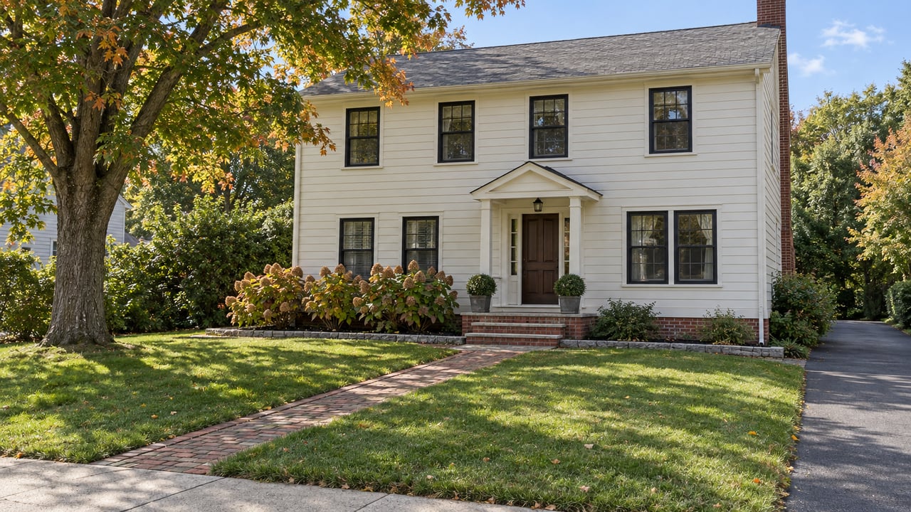 Cream-sided colonial with black-framed windows, a brick entry walk, deep front lawn and a mature maple in early autumn.