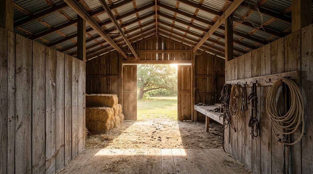 Barn aisle with hay, tack and dust in sunlight from doors beneath an oak.