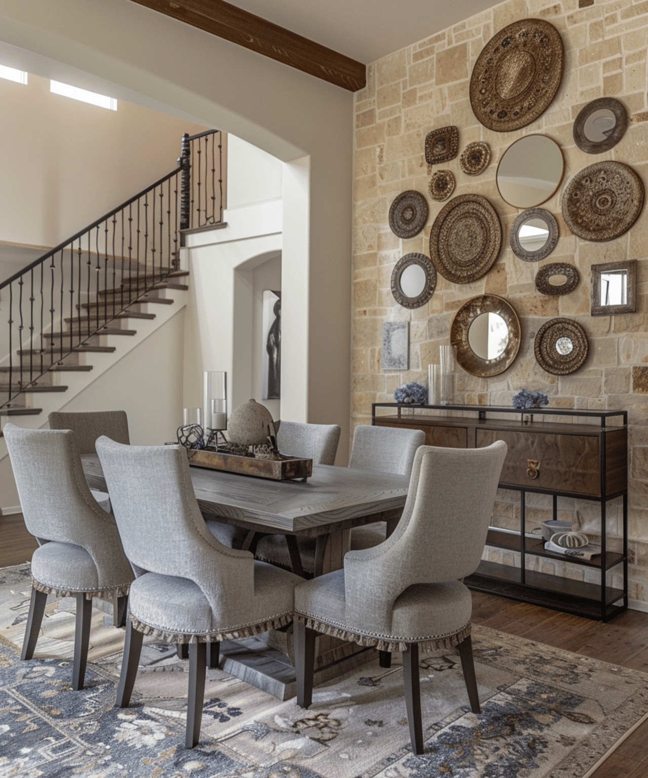 Dining room with a stone mirror wall, gray upholstered chairs, and a staircase with black railing.