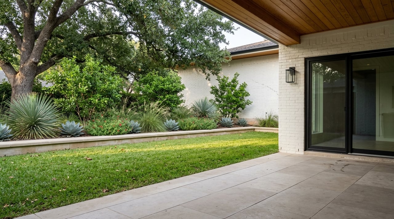 Covered patio with limestone pavers, black sliding doors, white brick, and a lawn beneath a mature oak.