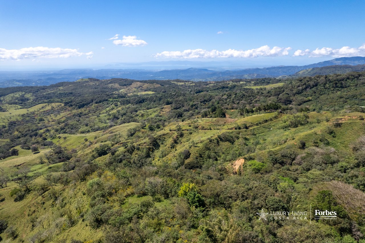 Panoramic mountain landscape with rolling green hills, forested valleys, and distant ridgelines.