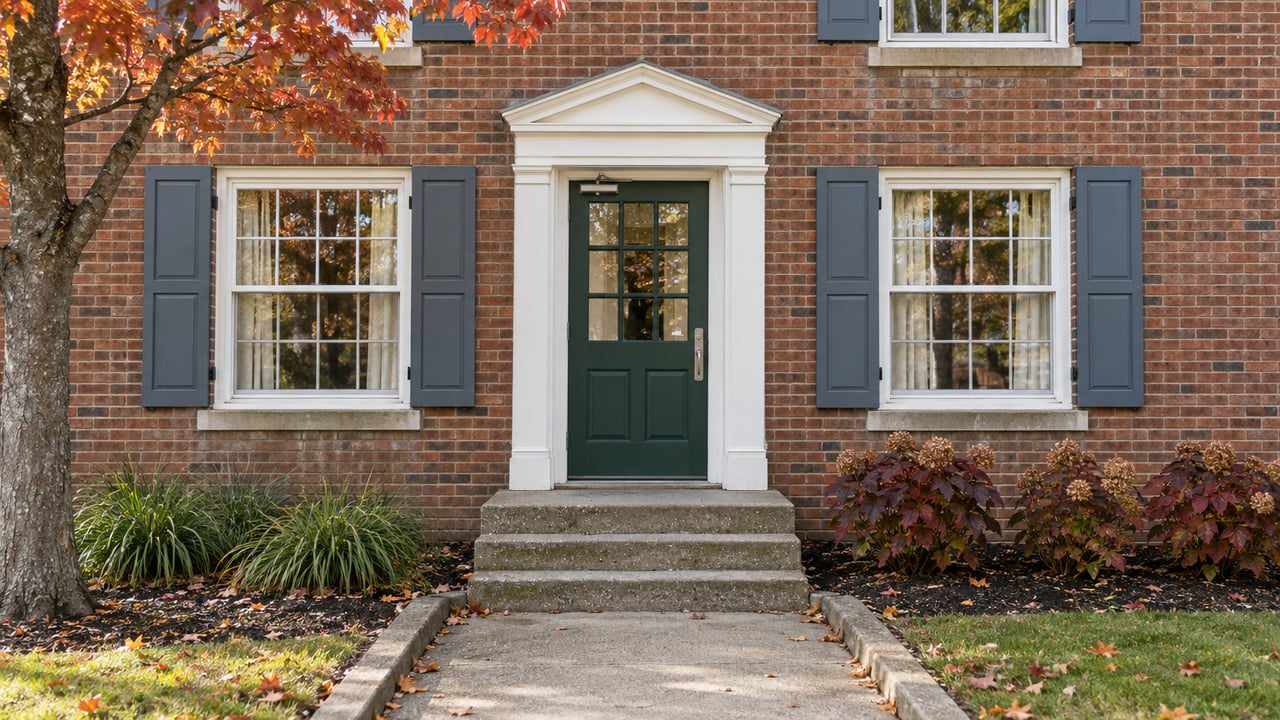 Brick condominium entrance with a green glazed door, paired divided-light windows and autumn planting beside a concrete approach.