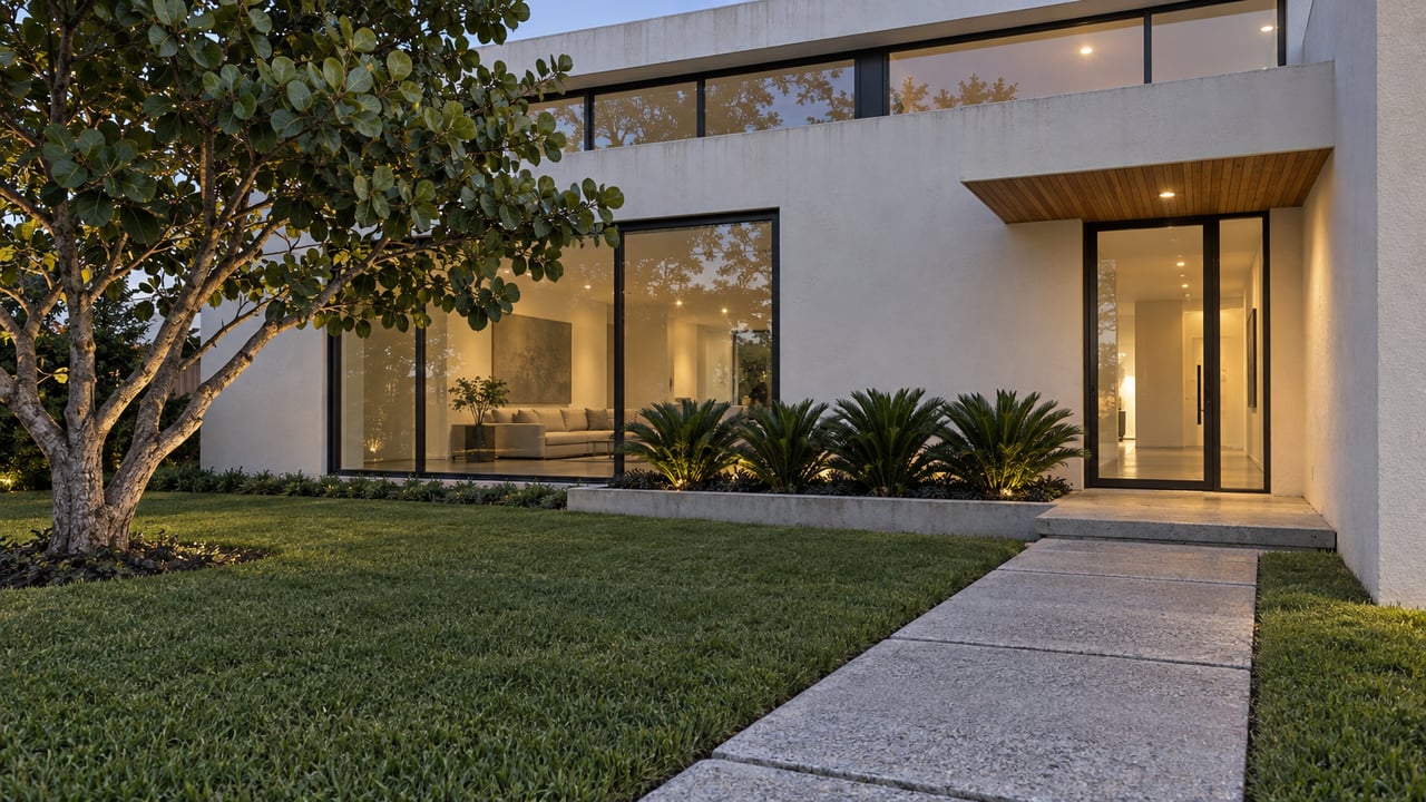Contemporary two-story home at dusk, with bronze-framed windows, a concrete front walk, a broad-leaf tree and a deep lawn.