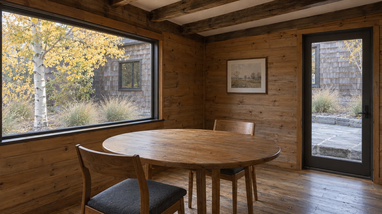 A lived-in timber dining corner with an oak table, two chairs and closed glazing overlooking a yellow-leaved aspen.
