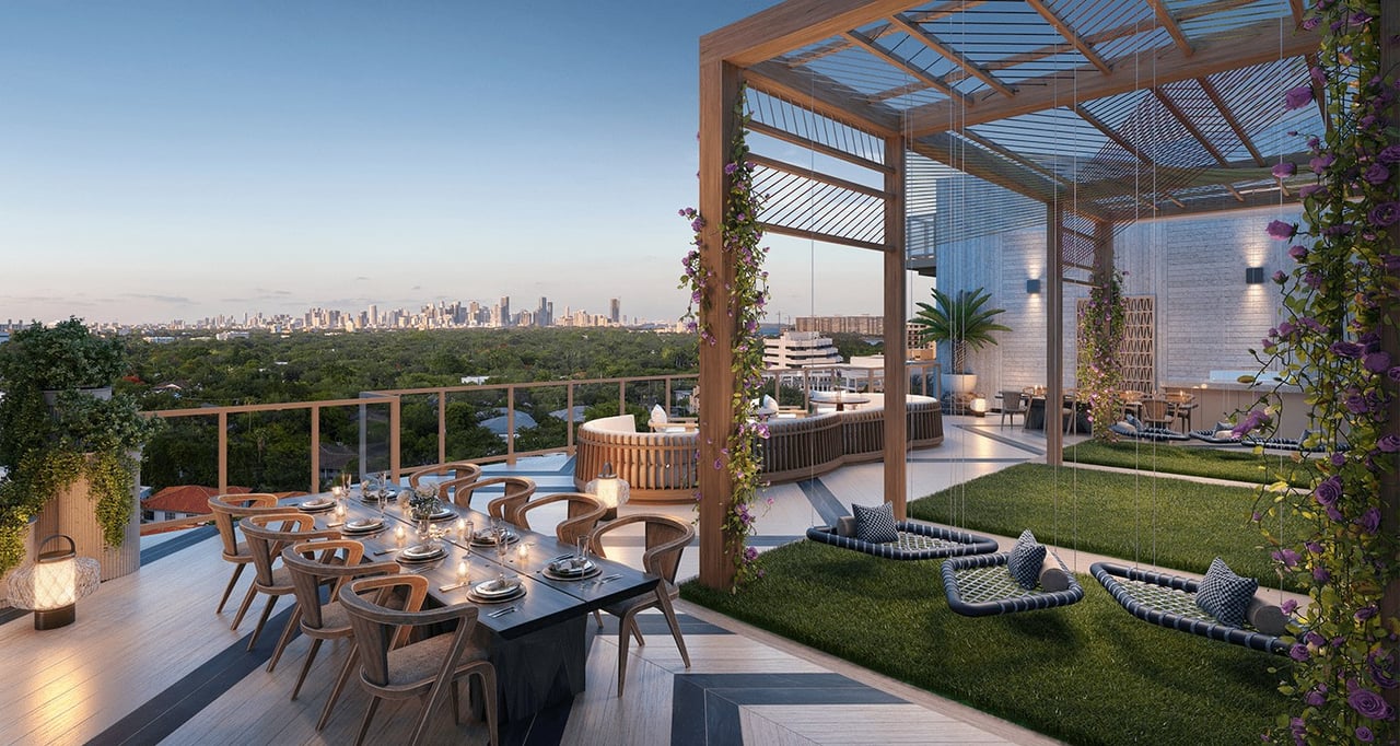 The Lincoln rooftop dining and terrace rendering in Coconut Grove, Miami.