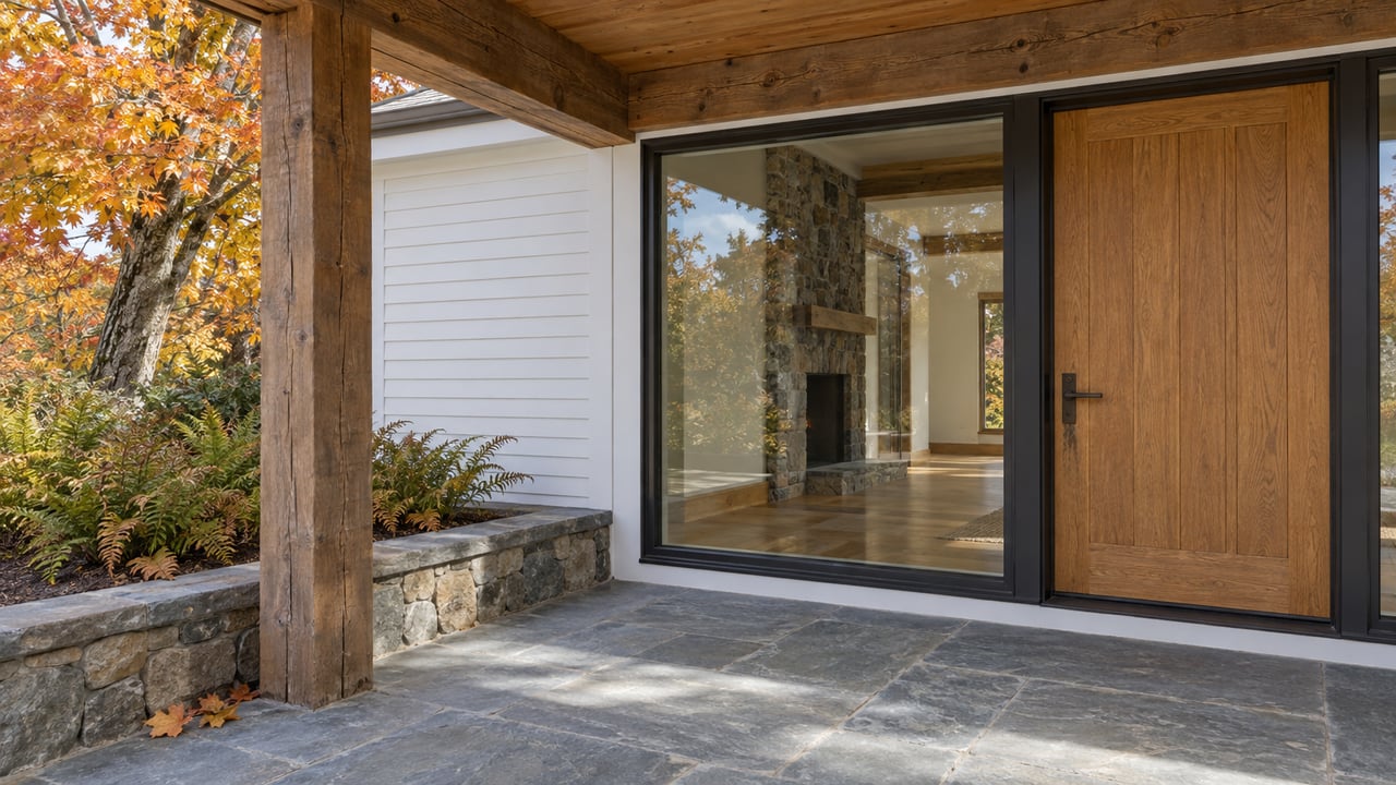 Timber-covered entrance with an oak-framed glass door, white clapboards, bluestone paving and a stone-edged planting bed beneath autumn maple leaves.