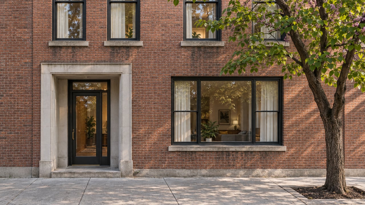 Morning light on a red-brown brick residential facade with black-framed windows, a recessed glazed entrance and a mature redbud beside the sidewalk.