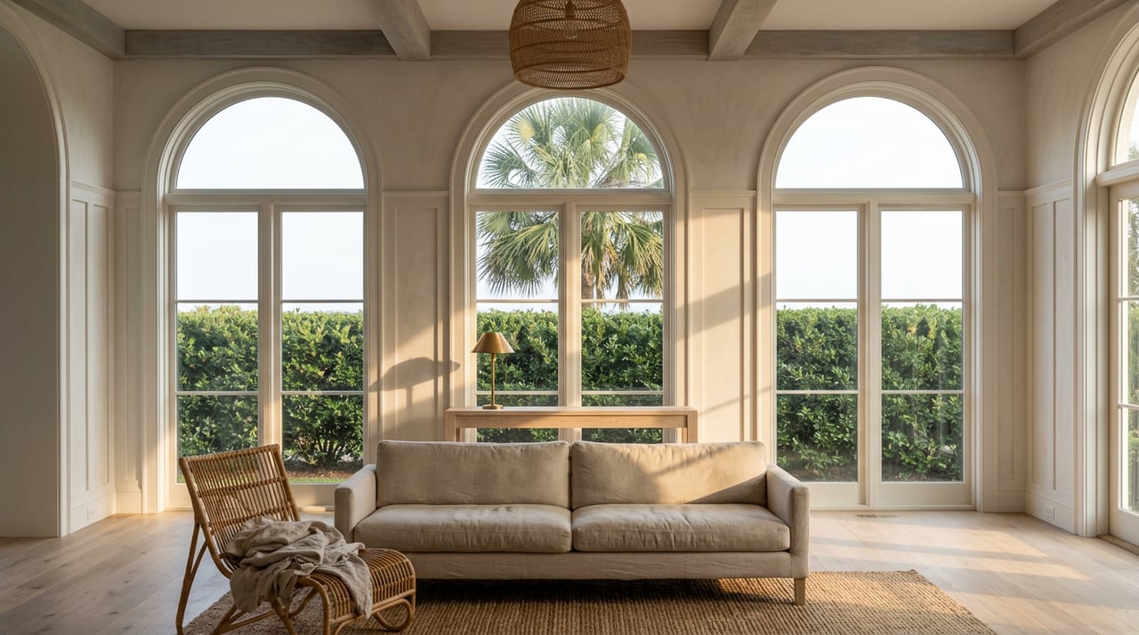 Coastal great room with arched windows, a linen sofa, rattan chair, and palm fronds beyond the hedge.
