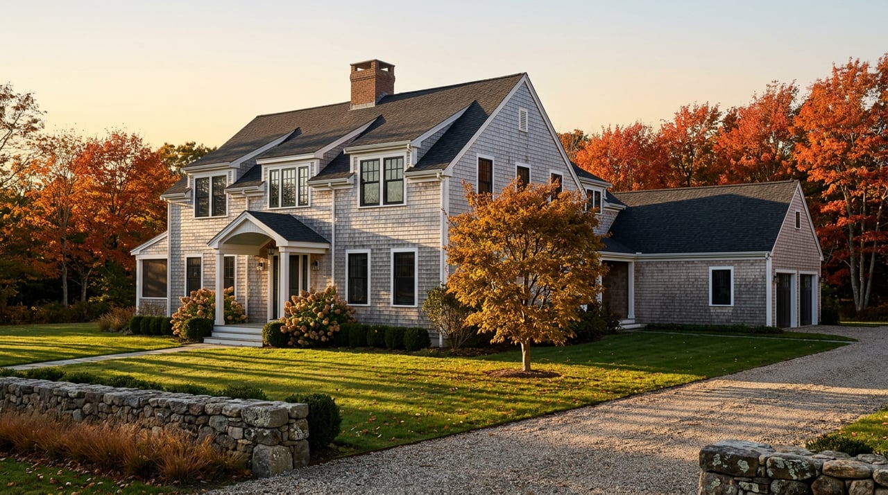Two-story shingle-style coastal home with a stone wall, golden lawn, and scarlet-orange maples.