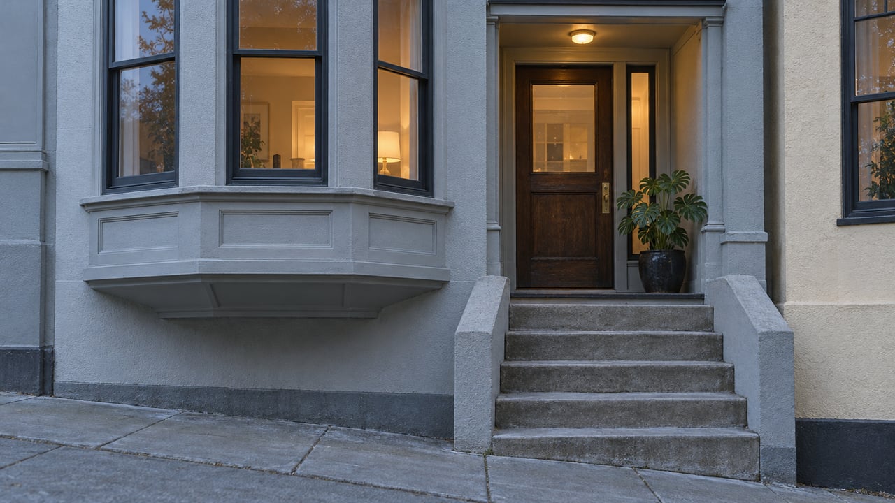 Blue-hour view of a pale stucco residence with charcoal bay windows, a warm glazed entry, concrete steps and one potted Fatsia japonica.