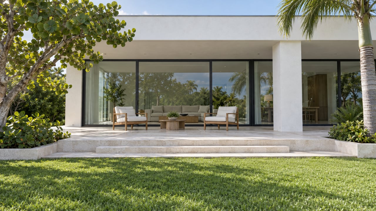 White stucco waterfront residence with a shaded limestone terrace, glass walls, teak chairs and sculptural tropical planting.