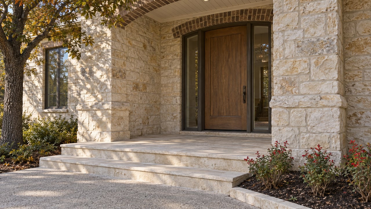 Morning light crosses a limestone porch with a recessed oak front door, paired glass sidelights and red-flowering autumn sage.