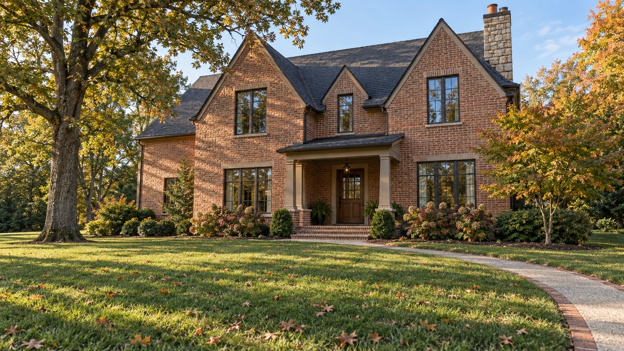 Red-brick home with a deep front lawn, columned porch and mature trees beginning to show autumn color.