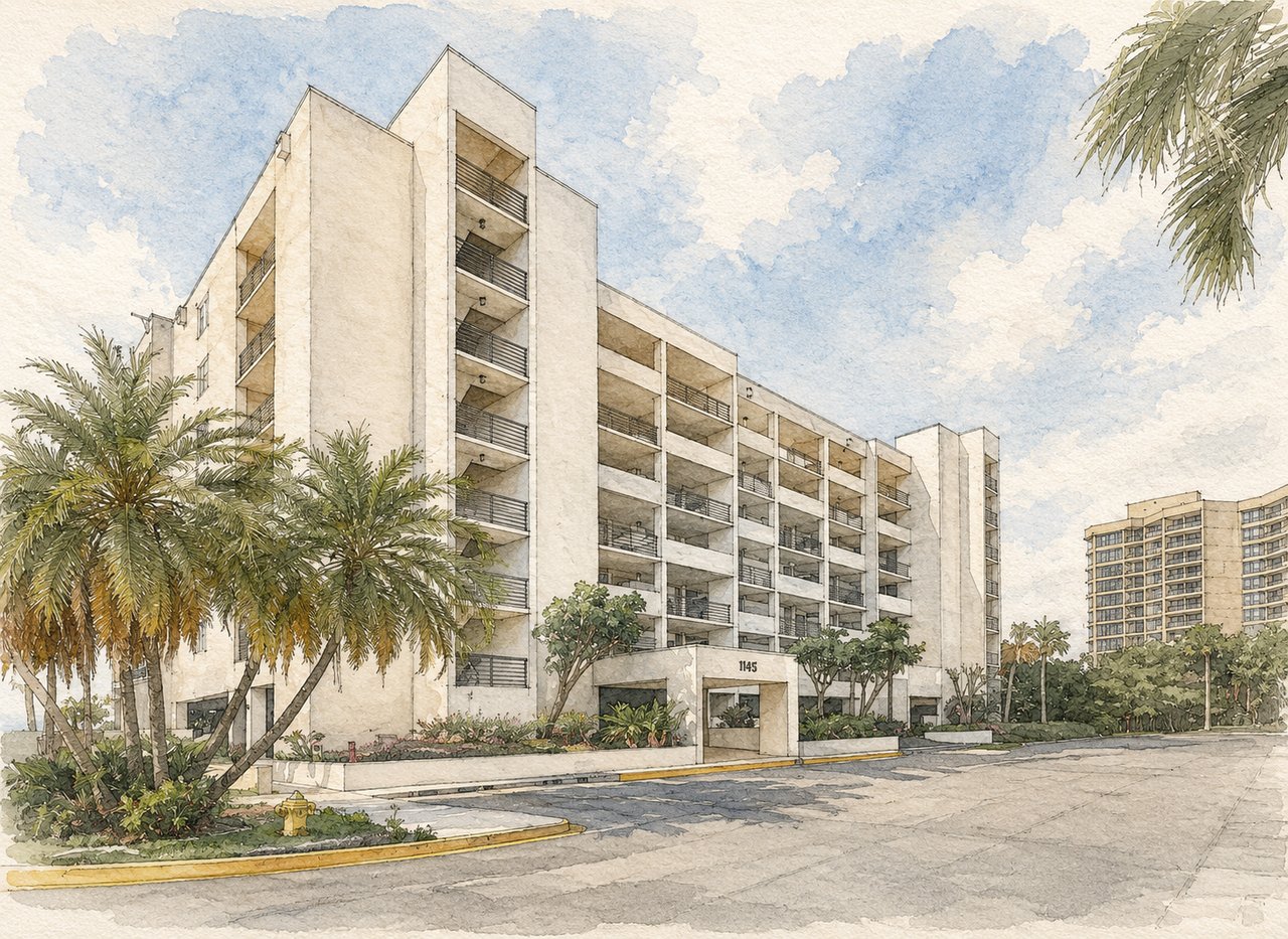 Watercolor rendering of a modern condominium with stacked balconies and a palm-lined entrance.