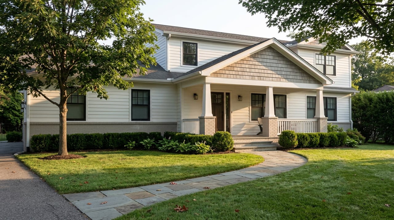 Two-story home with covered porch, mature shade tree, and curving flagstone walkway across dew-covered lawn.