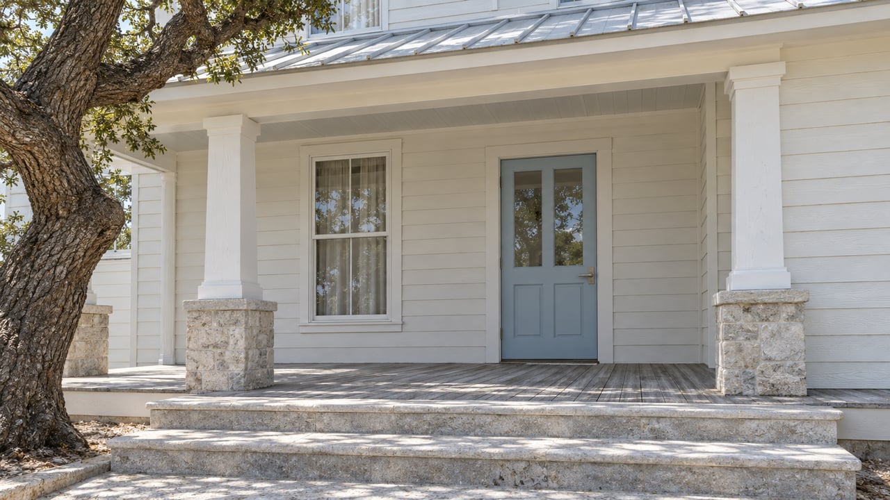 Sunlit white beach-house porch with a pale-blue glazed door, limestone steps, weathered decking and a mature live oak.