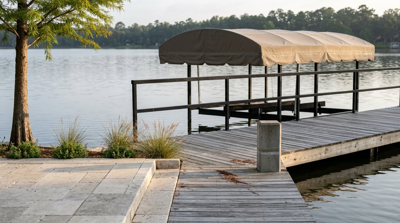 Weathered cedar dock beside a limestone patio, with a covered boat lift over still water and a treed shoreline.